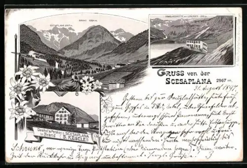 Lithographie Brand, Gasthof u. Pension z. Scesaplana, Inh. S. Kegele, Douglasshütte mit Lünersee