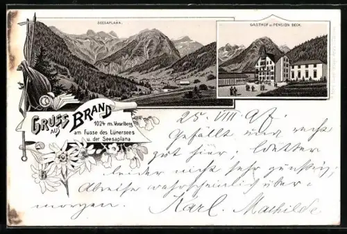 Lithographie Brand /Vorarlberg, Gasthof und Pension Beck, Seesaplana