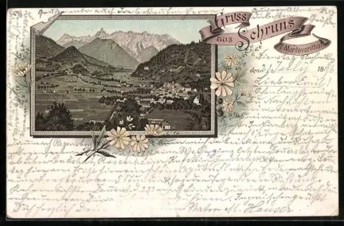 Lithographie Schruns, Ortsansicht aus der Vogelschau