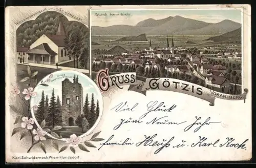 Lithographie Götzis /Vorarlberg, Wallfahrtskirche St. Arbogast, Ruine Neu-Montfort, Ortsansicht aus der Vogelschau