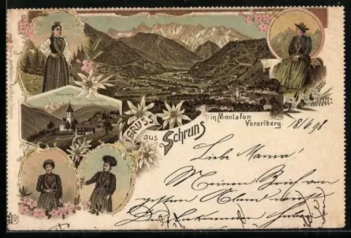 Lithographie Schruns i. Montafon, Gesamtansicht, Innerberg gegen Drusenfluh, Frauen in Tracht