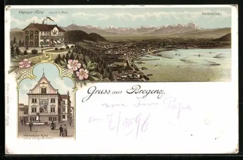 Lithographie Bregenz, Ortsansicht aus der Vogelschau mit Pfänder-Hotel, Weinstube Kinz zum Bürgermeister