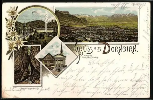 Lithographie Dornbirn, Gütle, Kirche, Rappenlochschlucht, Totalansicht