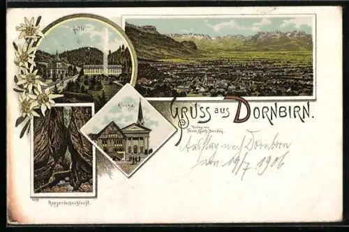 Lithographie Dornbirn, Gütle, Kirche, Rappenlochschlucht, Totalansicht