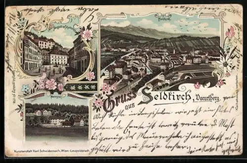 AK Feldkirch, Neustadt mit Schattenburg, Mariagrün, Ortsansicht aus der Vogelschau