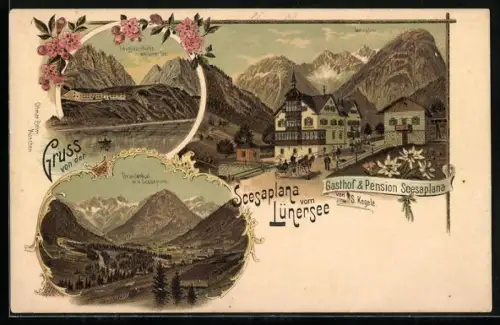 Lithographie Lünersee, Gasthof und Pension Scesaplana von S. Kegele
