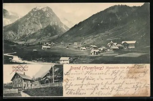 AK Brand /Vorarlberg, Gasthaus zum Grünen Wald, Ortsansicht aus der Vogelschau