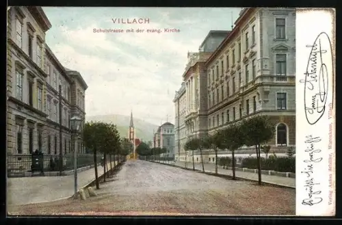 AK Villach, Schulstrasse mit der evangelischen Kirche