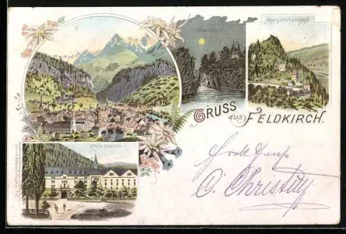 Lithographie Feldkirch, Stella Matutina, Margarethenkapf, Illschlucht bei Vollmond