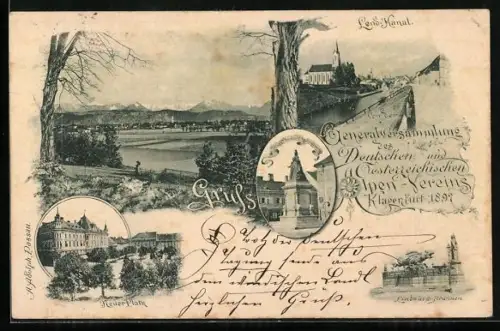 AK Klagenfurt, Generalversammlung des dt.-österr. Alpen-Vereins 1897, Ortsansicht, Neuer Platz, Lindwurm-Brunnen