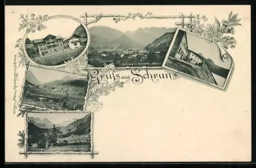 AK Schruns, Hotel-Pension Stern, Gargellen, Douglashütte mit Lunersee, Ortsansicht mit Montafon