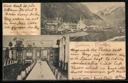 AK Gaschurn i. Montafon, Gasthof und Pension Rössle-Post, Speisesaal, Ortsansicht mit Kirche