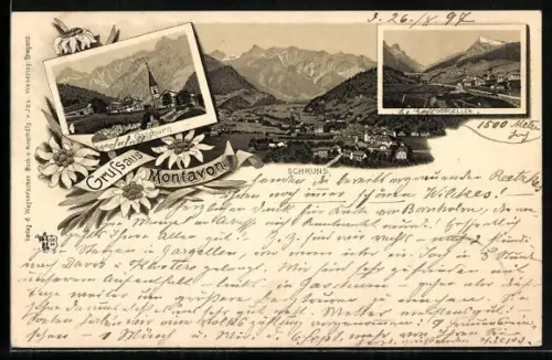 Lithographie Schruns, Gesamtansicht, Kirche in Gaschurn, Blick auf Gargellen