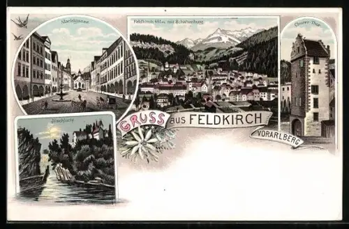 Lithographie Feldkirch, Marktgasse, Churer-Thor, Illschlucht, Ortsansicht