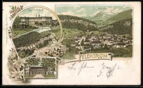 Lithographie Feldkirch, Exercitien-Haus, Ortsansicht mit Gurlisspitze, Stella Matutina