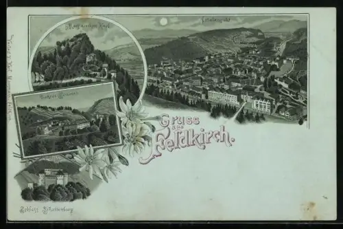 Mondschein-Lithographie Feldkirch, Schloss Schattenburg, Margarethen Kapf, Lehrerseminar und Gesamtansicht
