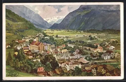 Künstler-AK Schruns, Totalansicht aus der Vogelschau