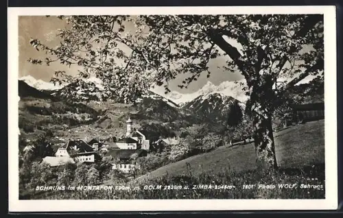 AK Schruns im Montafon, Ortsansicht mit Golm und Zimba