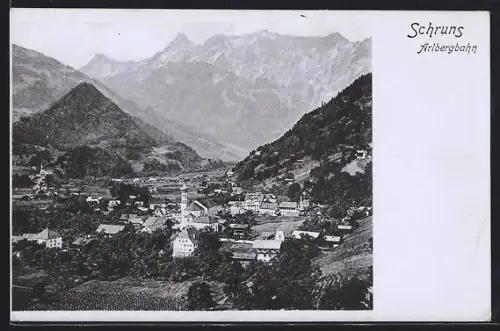 AK Schruns /Arlbergbahn, Blick auf den Ort mit Kirche