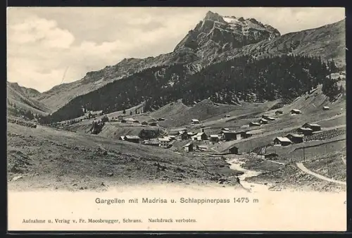 AK Gargellen, Ortsansicht mit Madrisa und Schlappinerpass