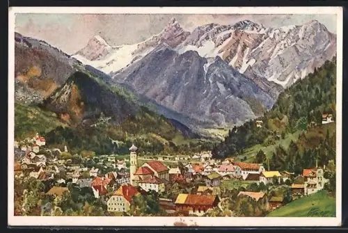 Künstler-AK Schruns / Vorarlberg, Ortspanorama mit Gebirge im Hintergrund