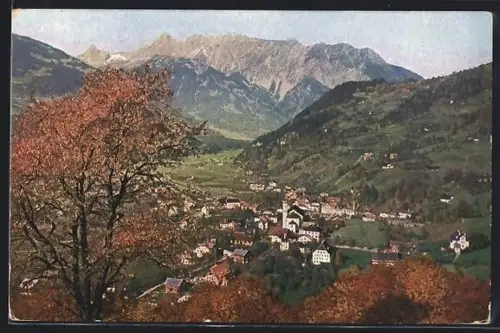AK Schruns im Montafon, Ortsansicht umrahmt von Bäumen
