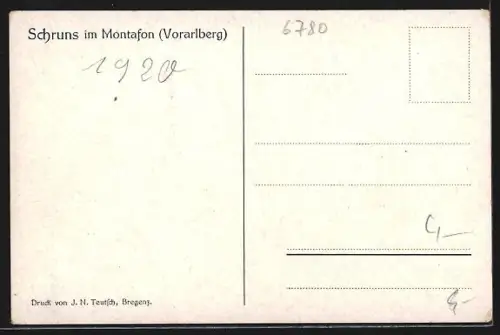 AK Schruns im Montafon, Ortsansicht umrahmt von Bäumen