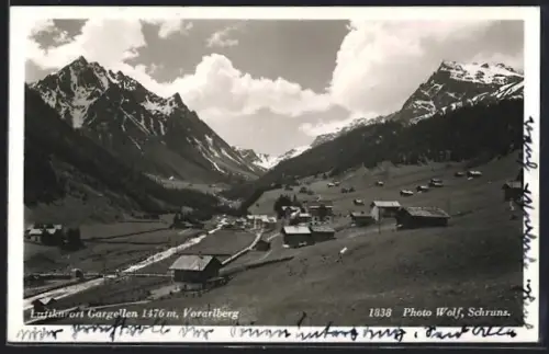 AK Gargellen, Gesamtansicht mit Gipfeln aus der Vogelschau