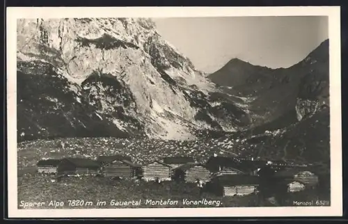 AK Sporer Alpe im Gauertal, Hütten mit Bergpanorama