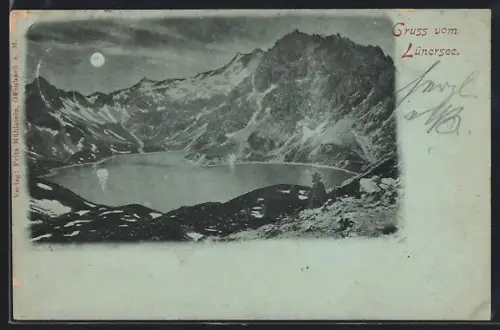 Mondschein-AK Lünersee, Blick auf den See im Vollmondlicht