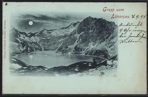 Mondschein-AK Lünersee, Lünersee mit Wanderer im Vollmondlicht