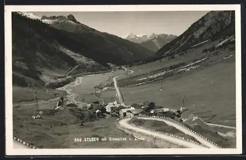 Foto-AK Stuben, Ortsansicht mit Scesaplana und Zimba