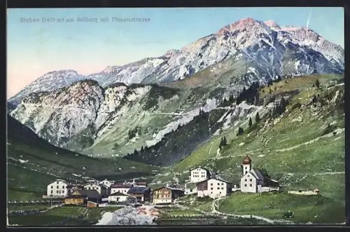 AK Stuben am Arlberg, Ortsansicht mit Kirche und Flexenstrasse