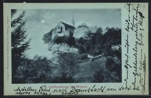 Mondschein-AK St. Gebhardsberg bei Bregenz, Teilansicht des Ortes vom Waldrand aus