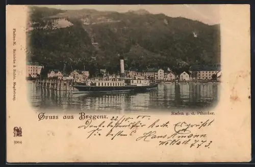AK Bregenz, Hafen mit einlaufendem Raddampfer gegen den Pfänder