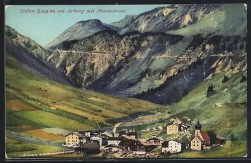 AK Stuben am Arlberg, Ortsansicht mit Flexenstrasse