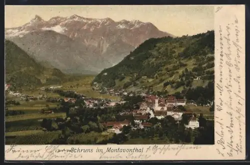 AK Schruns im Montavontal, Ortsansicht vom Berghang gegen die Gebirgskette