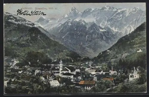 AK Schruns, Ortsansicht mit Kirche von oben