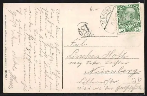 AK Schruns /Montafon, Ortsansicht mit Kirche gegen das verschneite Hochgebirge