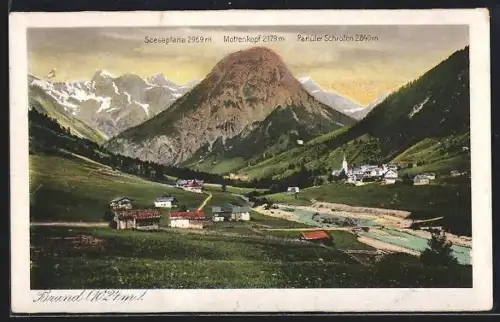 AK Brand, Ortsansicht mit Scesaplana, Mottenkopf und Panüler Schrofen