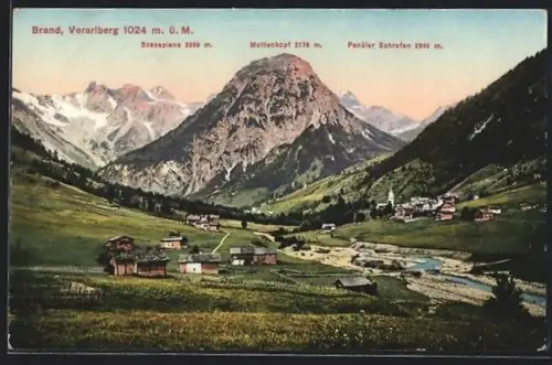AK Brand /Vorarlberg, Ortsansicht mit Scesaplana, Mottenkopf und Panüler Schrofen