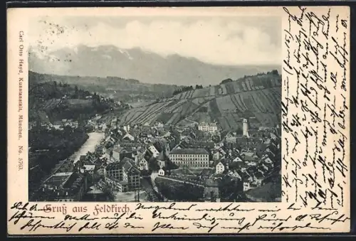 AK Feldkirch, Ortsansicht aus der Vogelschau mit umliegenden Feldern