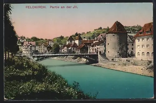 AK Feldkirch, Illpartie mit Brücke und Wehrturm