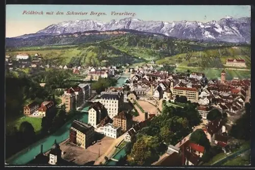 AK Feldkirch, Ortsansicht mit den Schweizer Bergen