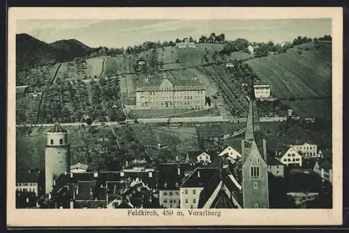 AK Feldkirch /Vorarlberg, Ortsansicht mit Kirche und Katzenturm