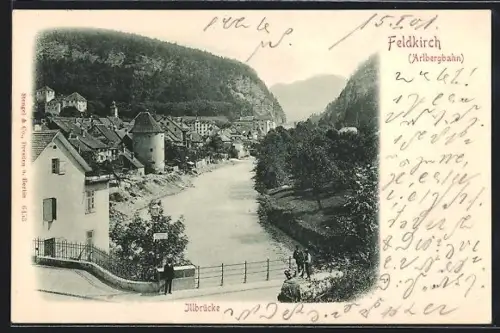 AK Feldkirch a. d. Aelbergbahn, Blick von der Illbrücke auf die Ortschaft