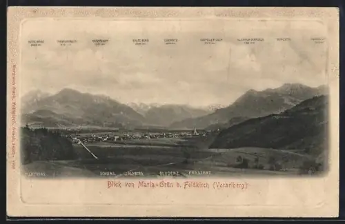 AK Maria-Grün b. Feldkirch, Ortsansicht mit Fernblick auf Katzenkopf, Kappeler Joch, Lobspitz und Mondspitz
