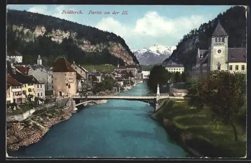 AK Feldkirch, Partie an der Ill mit Blick auf Brücke