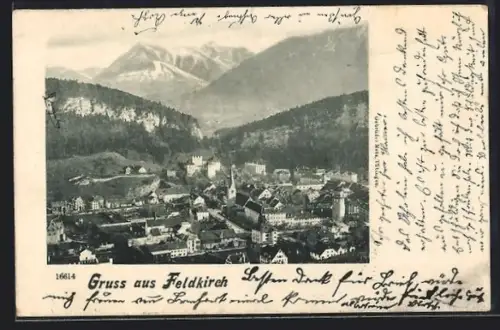 AK Feldkirch, Ortsansicht aus der Vogelschau gegen die Berge