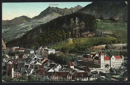 AK Feldkirch /Vorarlberg, Ortsansicht aus der Vogelschau mit Fernblick auf die Gurtisspitze